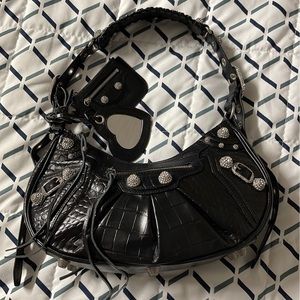 Balenciaga Le Cagole Small Black Crocodile Embossed Rhinestones Crystals